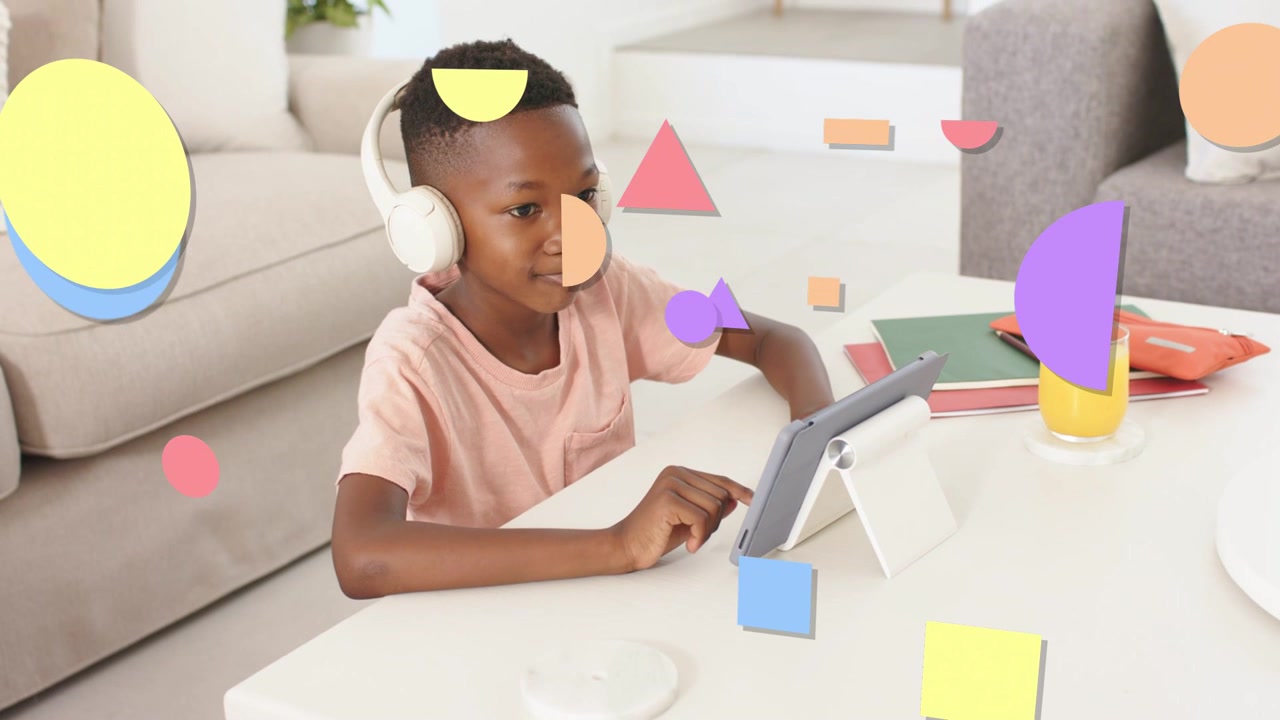Child tapping tablet and initiating education app in living room, pastel shapes sweeping across