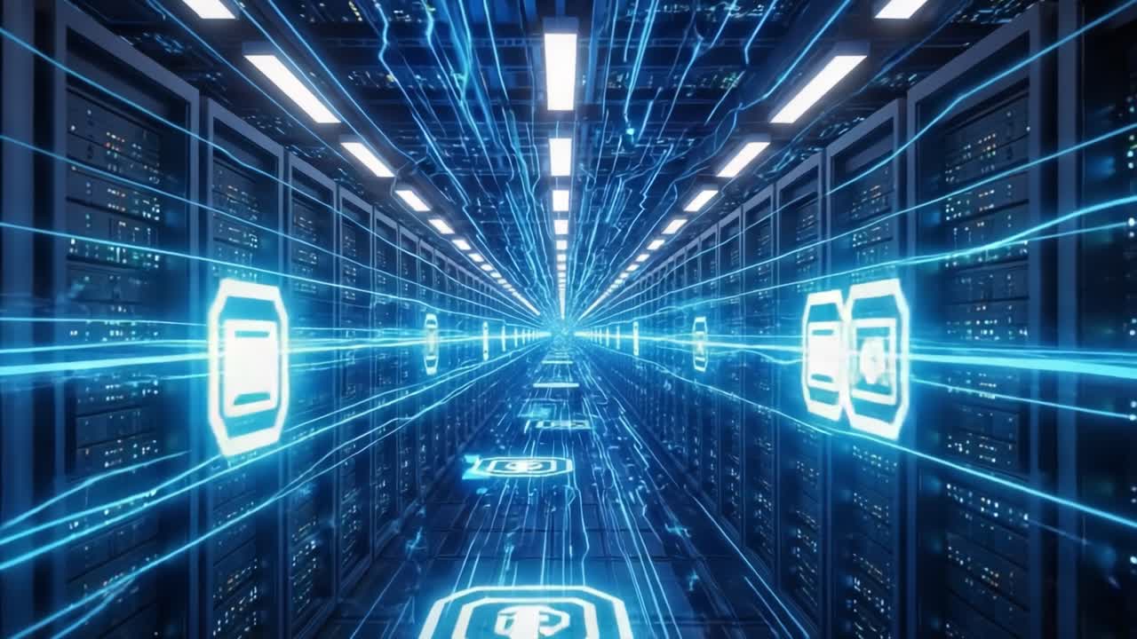 Futuristic Data Center Perspective with Flowing Digital Information Illuminated by Blue Light and High-Tech Data Processing Environment