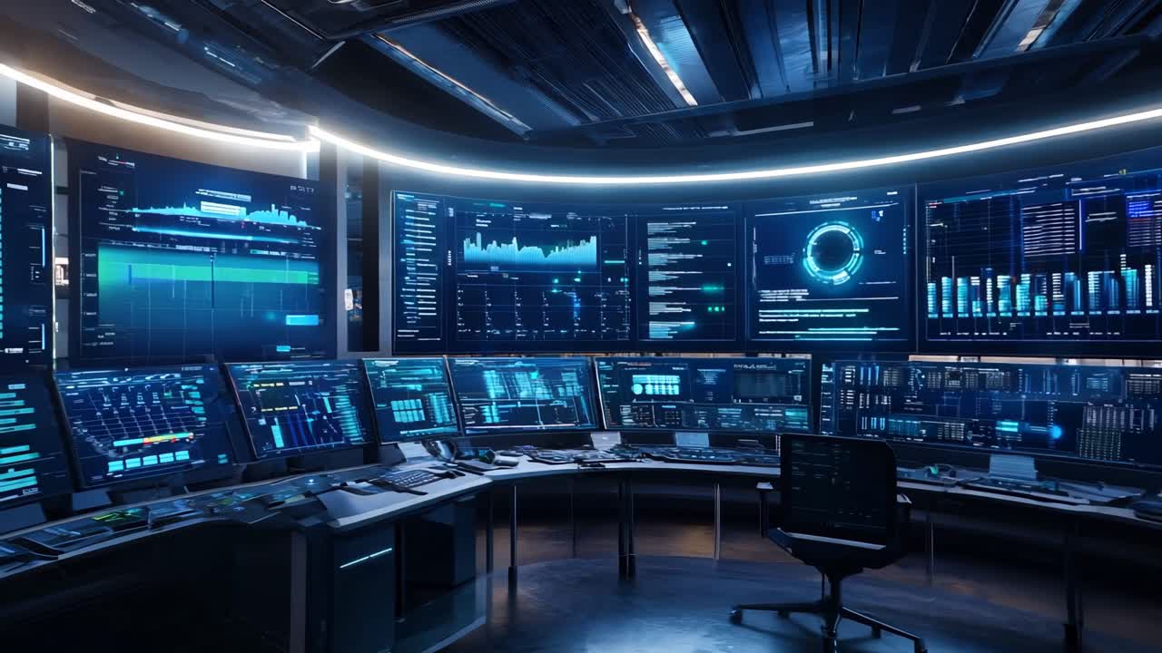 A control room filled with multiple monitors and desks