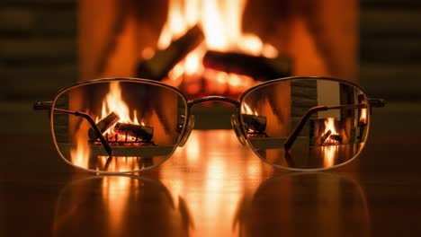 A Cozy Scene Captured Through Glasses: The Warmth of a Fire Reflected in the Lenses, Evoking Comfort and Serenity in a Winter&#039;s Evening Ambiance