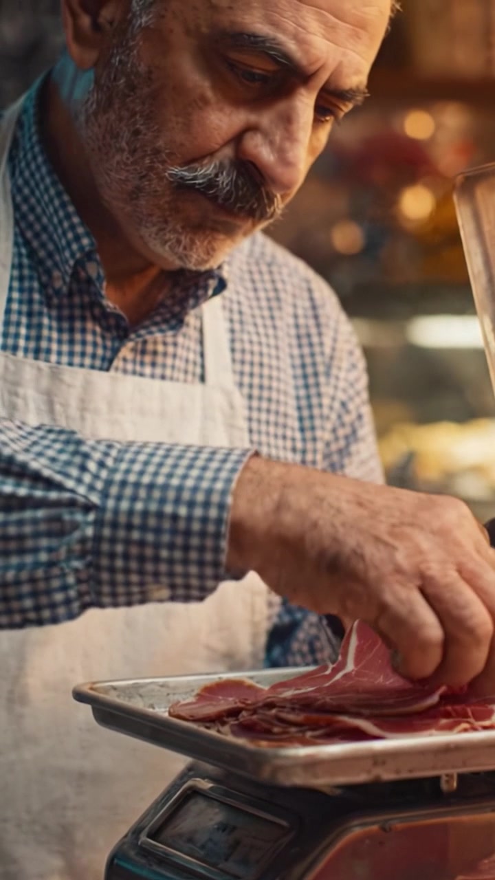 Artigiano che prepara salumi affettati finemente in una macelleria rustica, mostrando abilità artigianale e ingredienti freschi per il piacere culinario