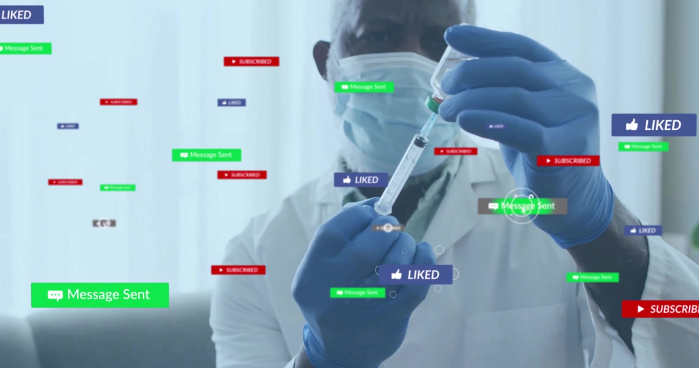 Após remover bolhas, médico prepara injeção enquanto ícones de redes sociais sobem na sala da clínica.