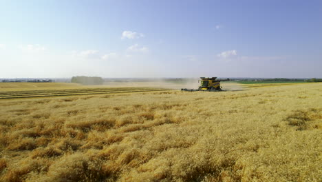 low aerial arc over cereal crops show combine harvester harvesting on farm land