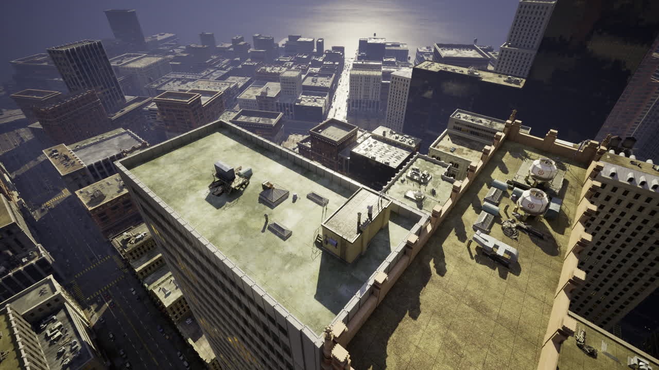 Rooftop city skyline with urban landscape and distant water view