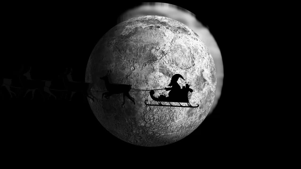 Animation of santa claus in sleigh with reindeer passing over moon and stars