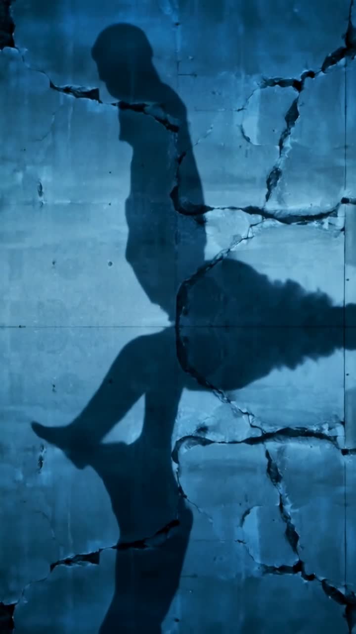 Video verticale: Silhouette che entra da destra e attraversa un muro di cemento crepato in una fredda luce blu.
