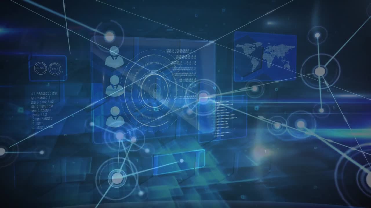 파란색 배경에 아이콘과 화면을 가진 연결 네트워크의 애니메이션.