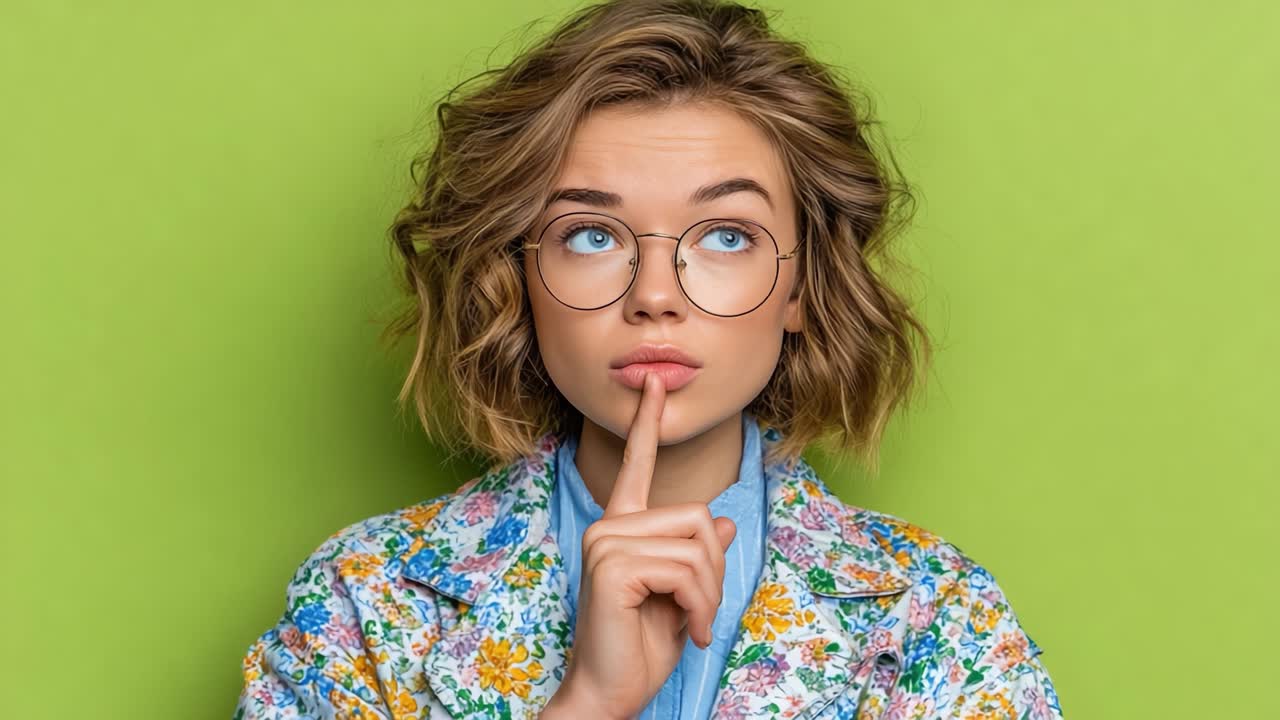 Una joven pensativa con atuendo floral, con un dedo en los labios sobre un fondo verde, contemplando en un gesto silencioso y juguetón, expresando curiosidad e intriga.