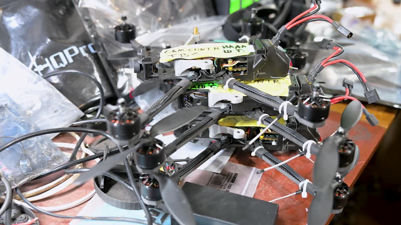 A detailed close-up of an FPV 'kamikaze' drone being assembled in a Ukrainian workshop. This low-cost, expendable tech provides a key tactical advantage on the modern battlefield