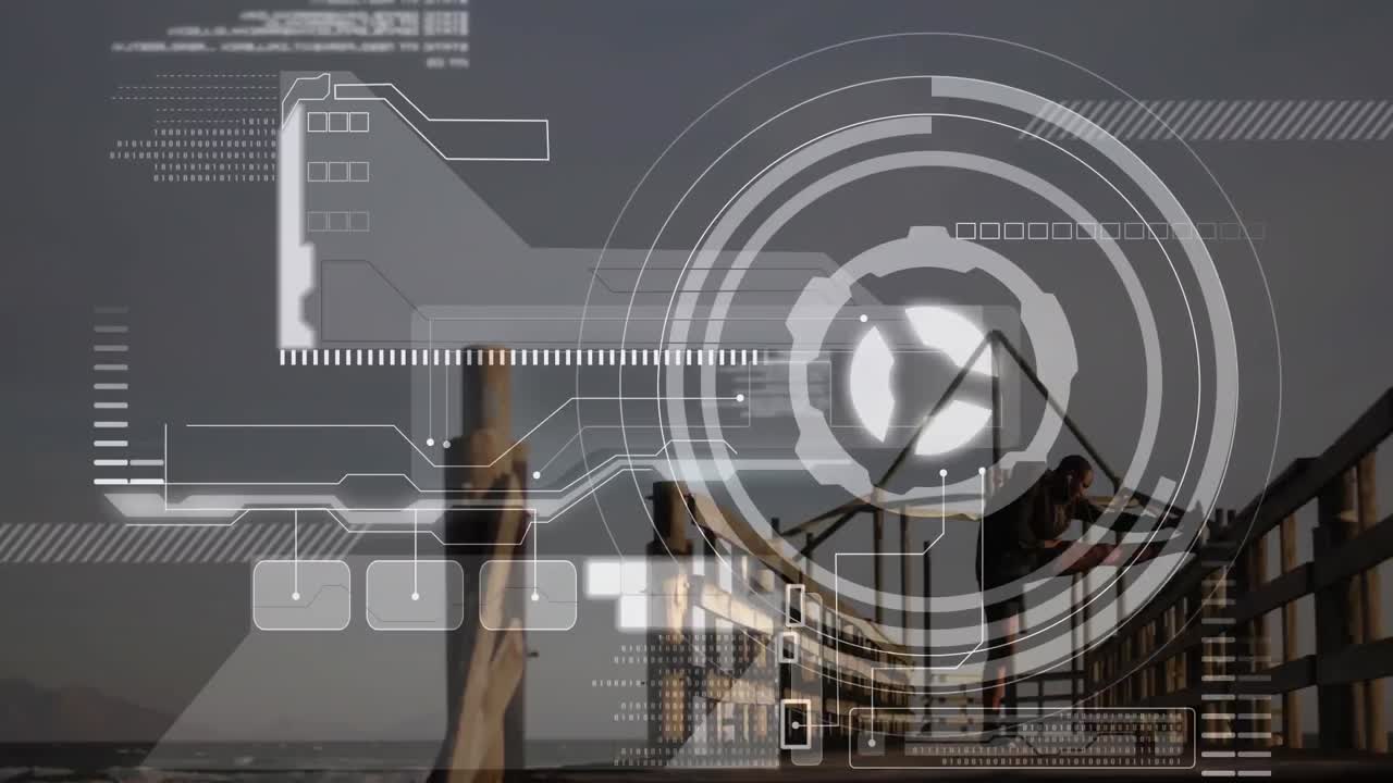 animación del procesamiento de datos sobre un hombre en forma haciendo ejercicio en la playa