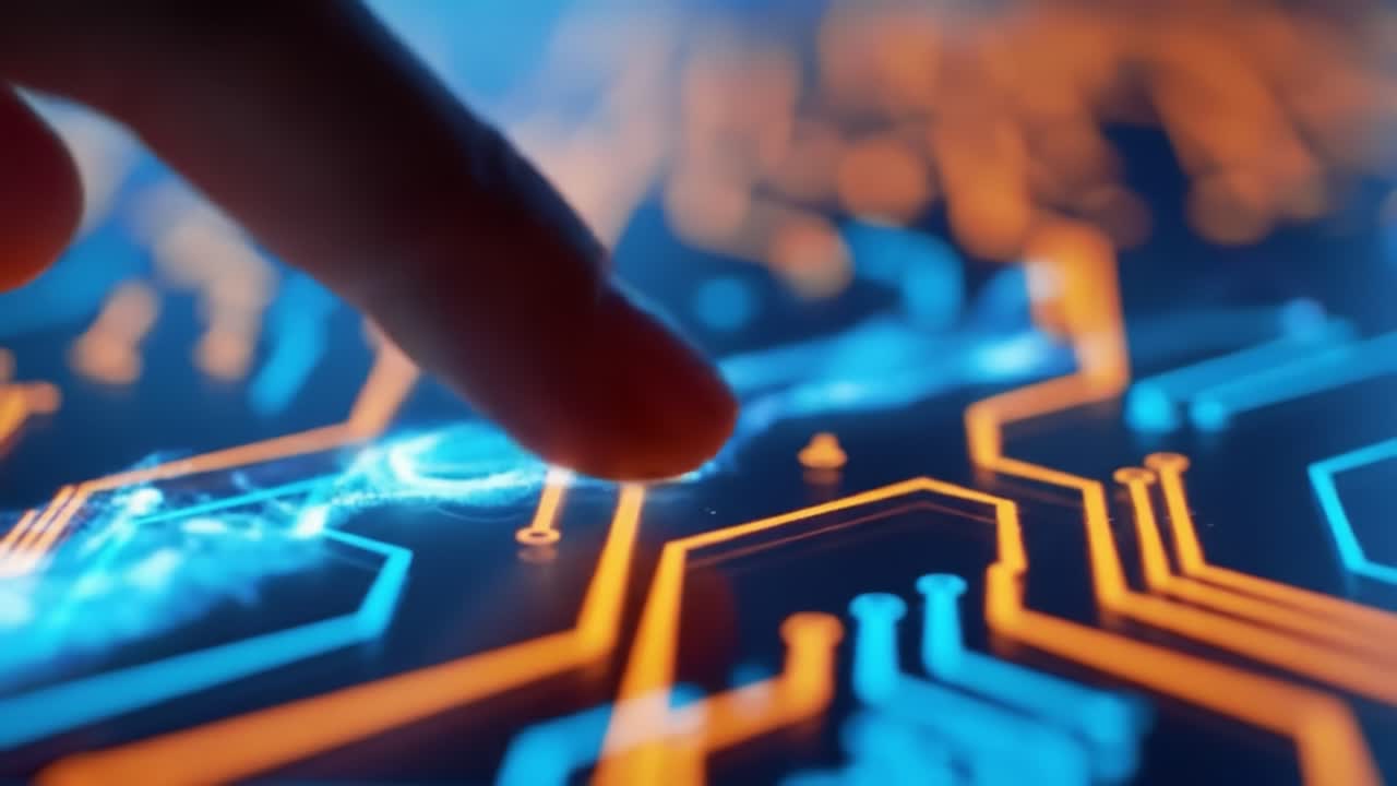 A hand makes contact with a vibrant circuit board illuminated with blue and orange lights, showcasing advanced technology. The intricate design highlights innovation and interaction.