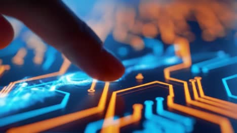 a hand makes contact with a vibrant circuit board illuminated with blue and orange lights, showcasing advanced technology. the intricate design highlights innovation and interaction.