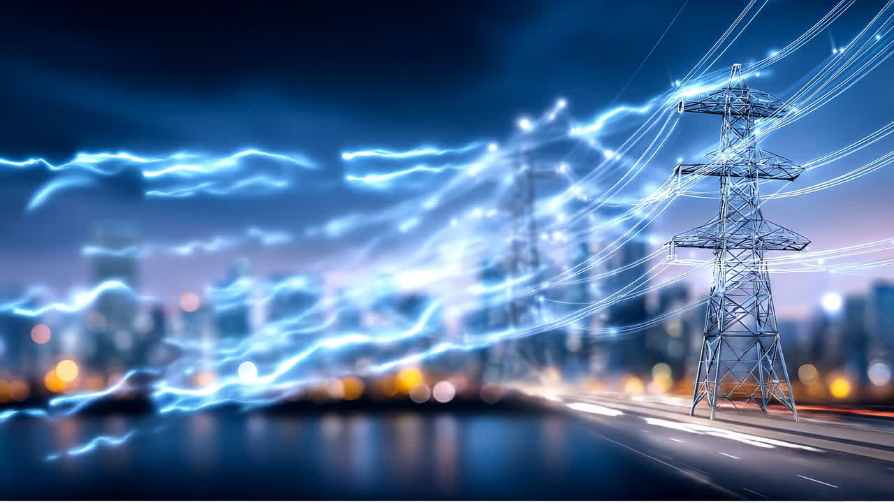 Power lines glowing in urban landscape. Electricity flows through power lines at night, illuminating a vibrant city skyline in the background