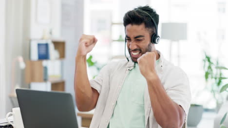success, win and call center worker with a laptop