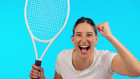 Face,-tennis-and-woman-with-racket-winning