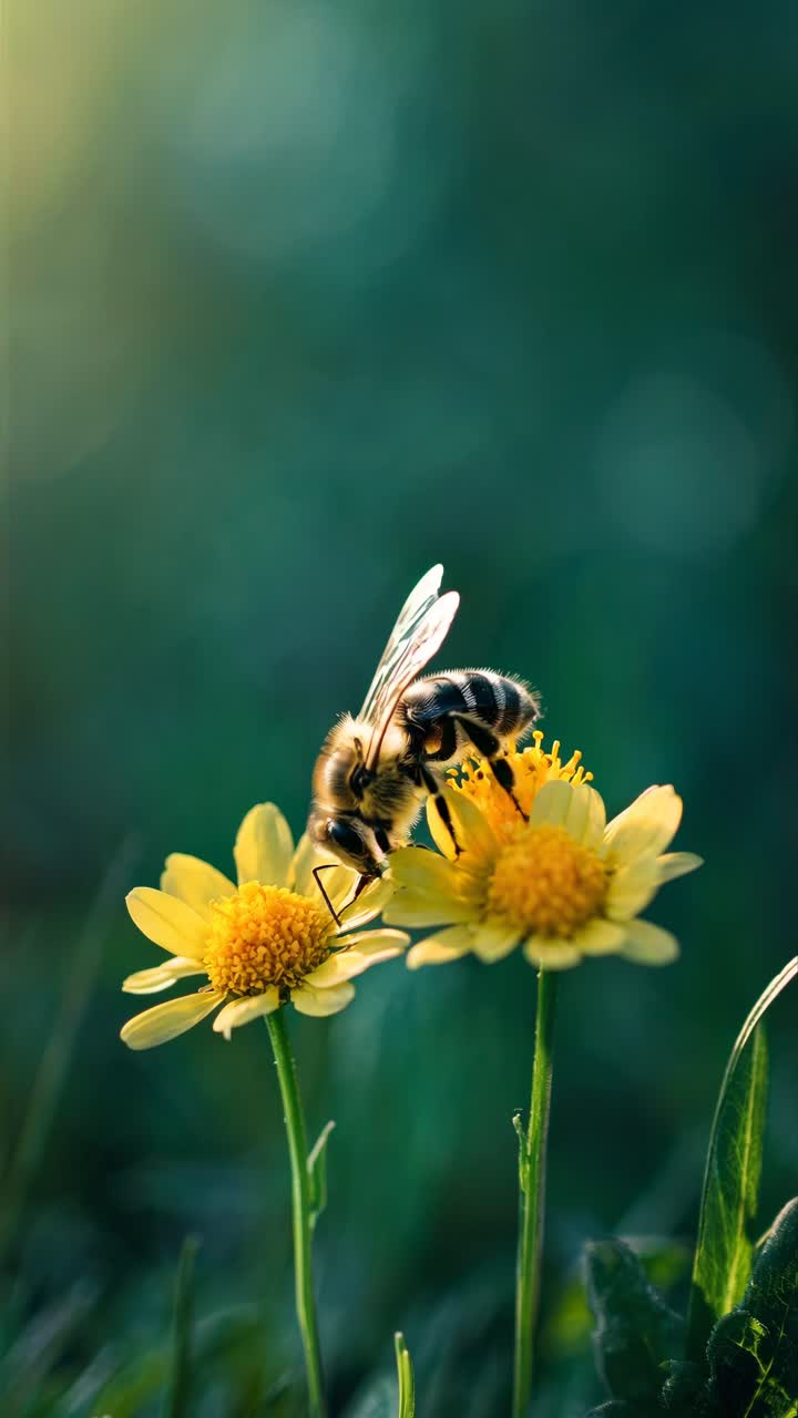 Close-up video concept of a bee on yellow flowers, shot from a low angle