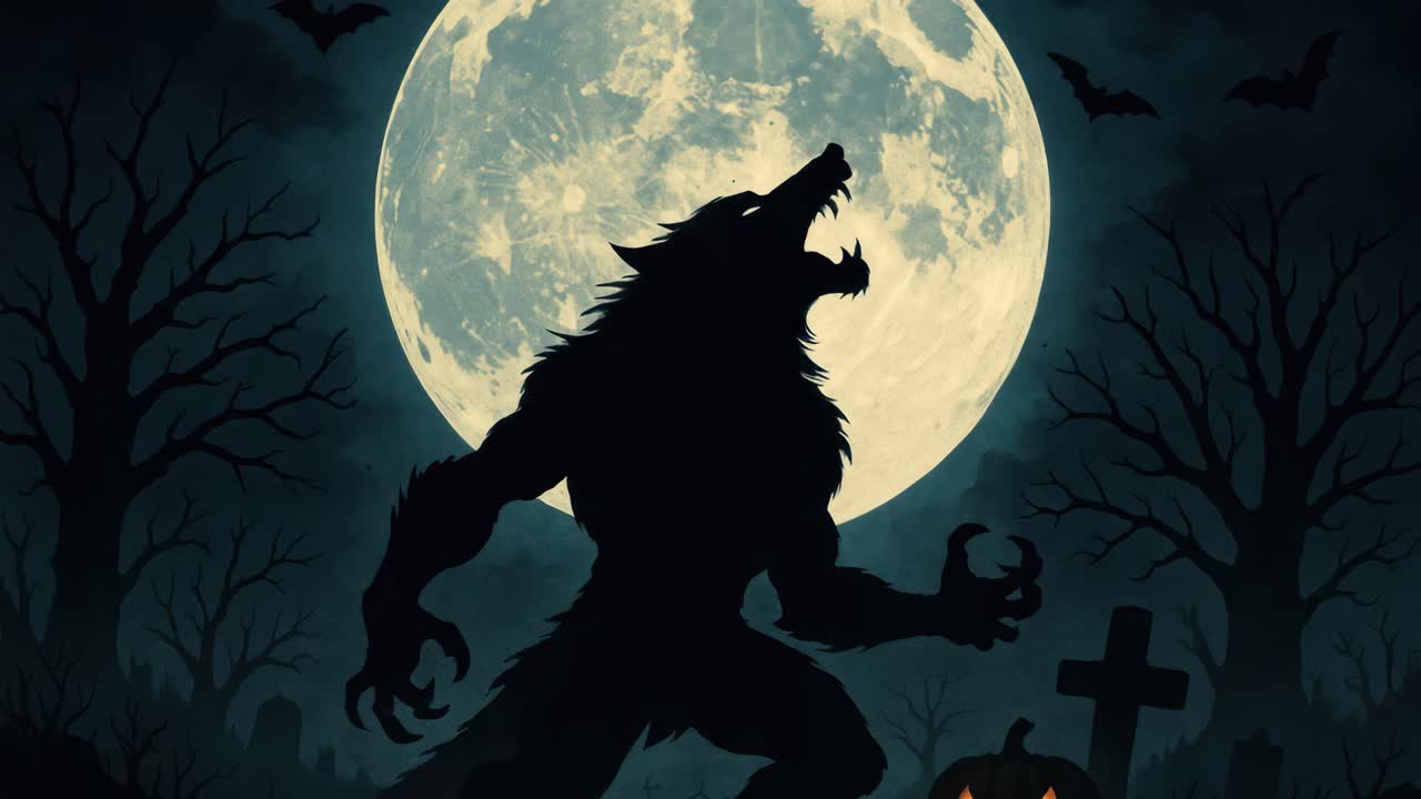 Silhouetted werewolf under a full moon with bats flying, shot from a low angle