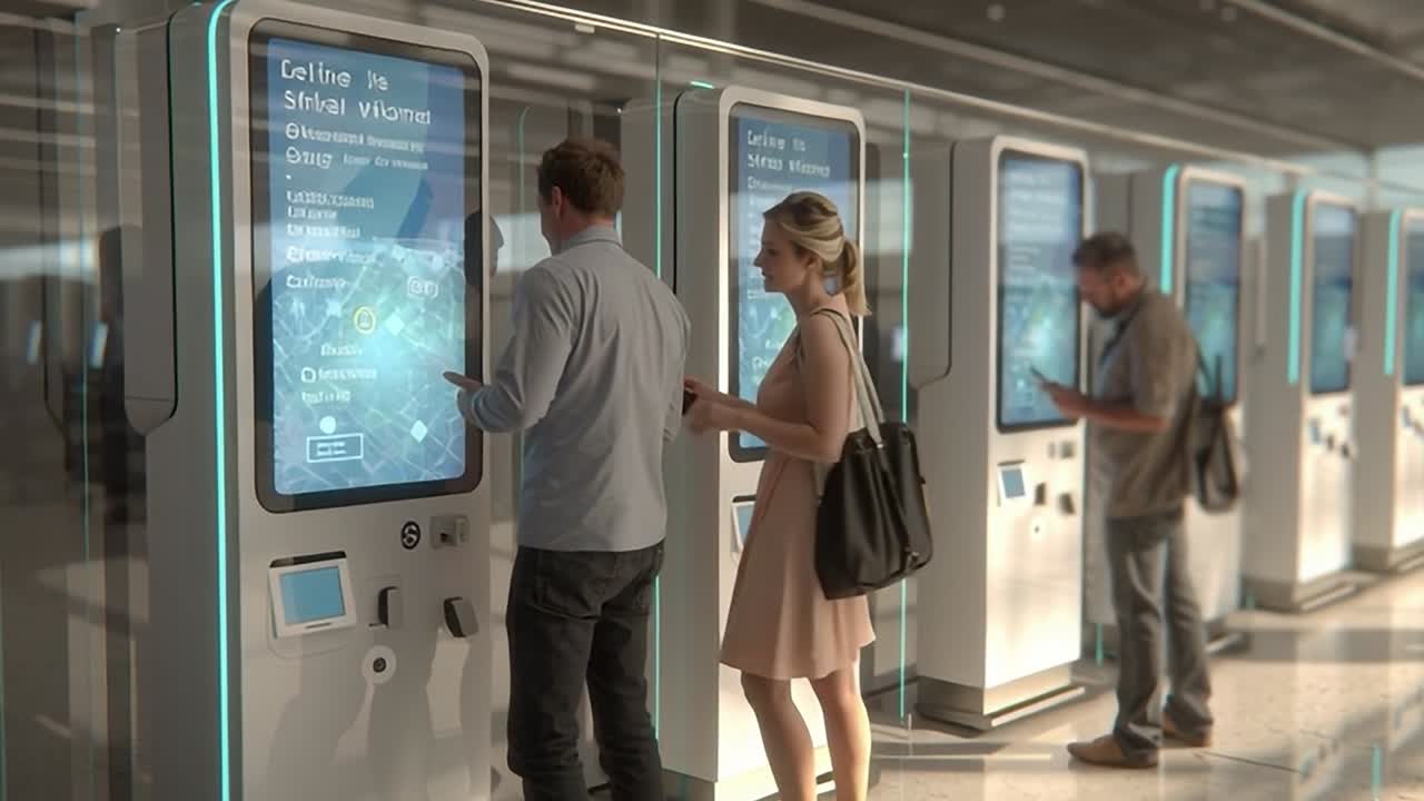 Viaggiatori che utilizzano chioschi self-service in un moderno terminal aeroportuale