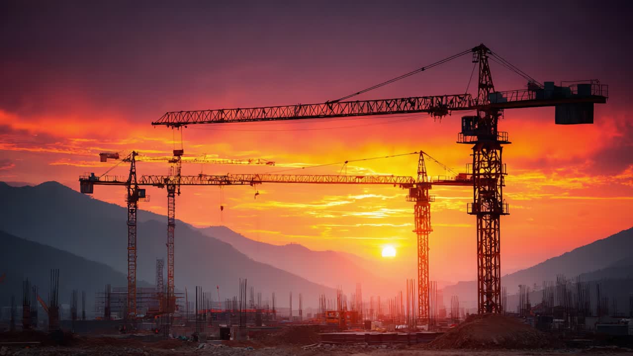 A Stunning View of Construction Cranes Silhouetted Against a Vibrant Sunset, Capturing the Intersection of Nature and Urban Development in a Serene Landscape