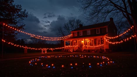 illuminated house at dusk: a beautiful display of orange lights against a dramatic sky with thunderstorm, capturing the essence of autumn evenings