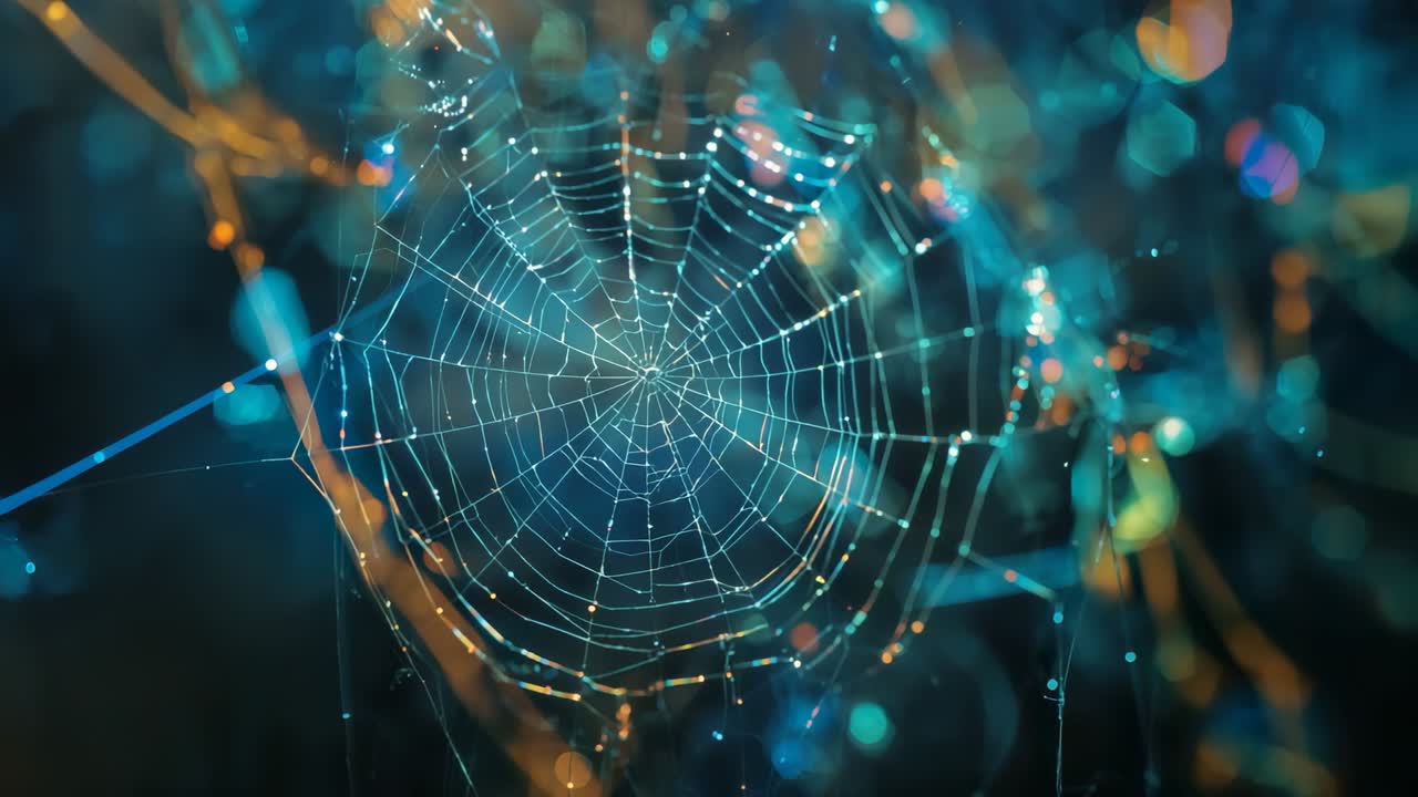 Morning breeze causing dew laden spider web oscillating in garden, shifting light catching droplets