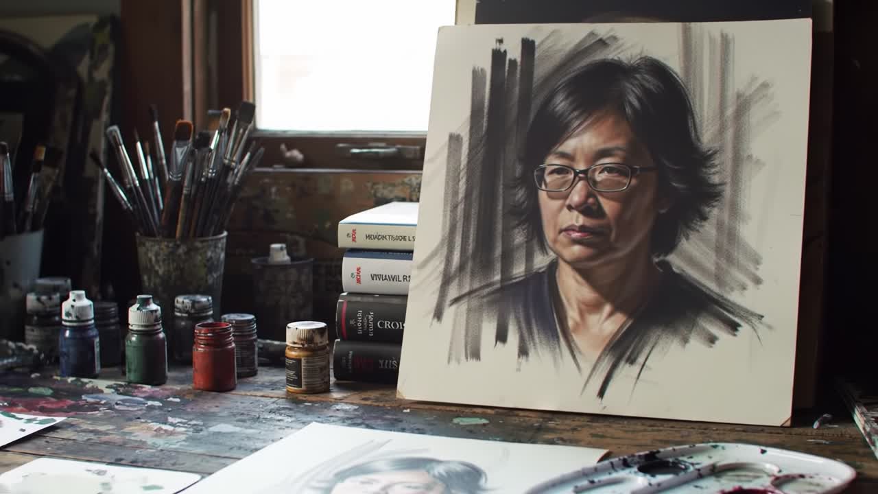 An Artist Captures Emotion: A Series of Frames Showcasing the Process of Creating a Portrait with Passion and Precision in a Studio Environment