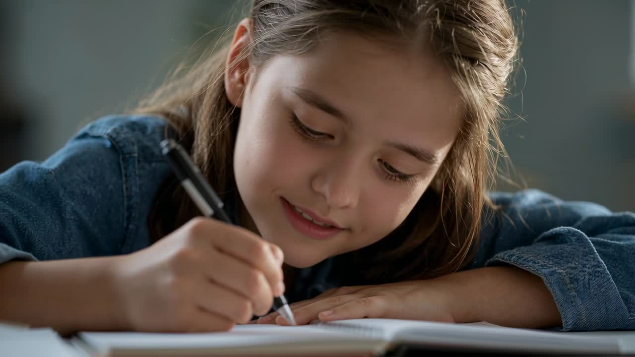 デニムシャツを着た10代前半の子供が、黒いペンでノートにメモを書きながら、顔を上げて微笑む。