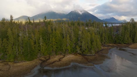 mountains, trees, and ocean waters of british columbia canada on the west coast of vancouver island in the pacific northwest