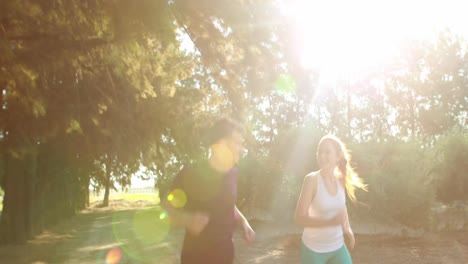 smiling couple jogging in olive farm