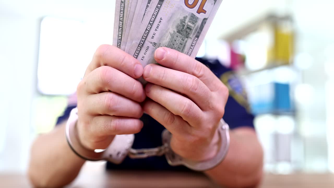 Geboeide politieagent met stapel dollars in hand close-up 4K film slow motion