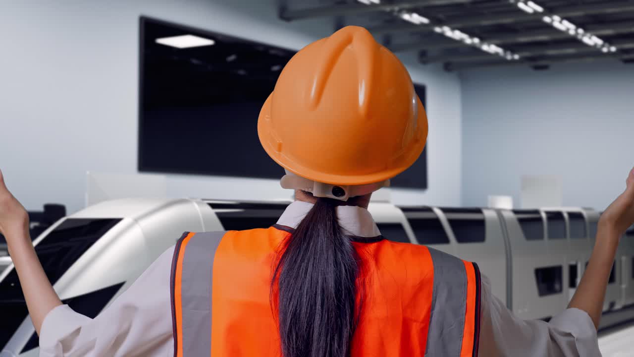 Primo piano da dietro di una ingegnera con casco di sicurezza che allarga le braccia mentre è in piedi, treno futuristico ad alta velocità in un moderno centro di collaudo