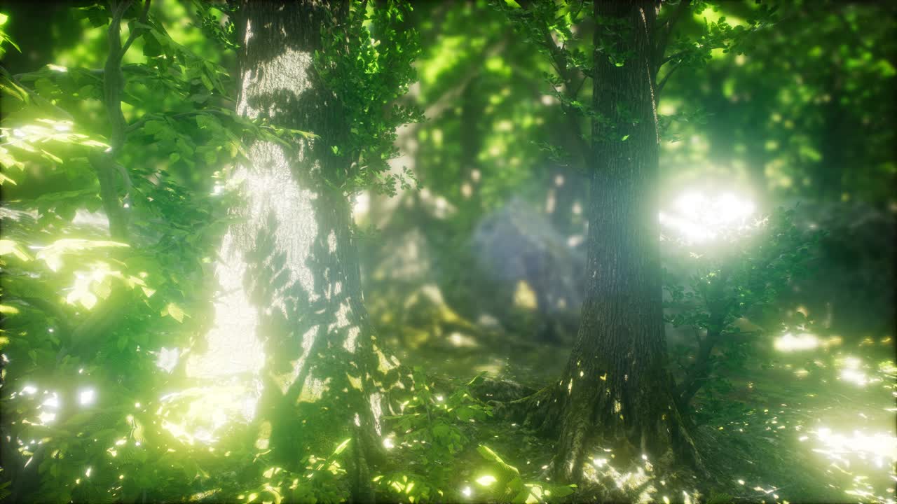 bosque pintoresco de árboles caducifolios verdes frescos enmarcados por hojas