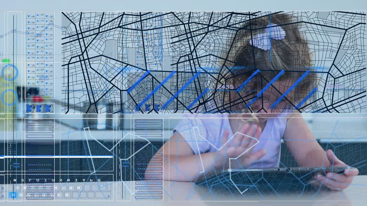 태블릿을 사용하는 소녀에 대한 데이터 처리 애니메이션