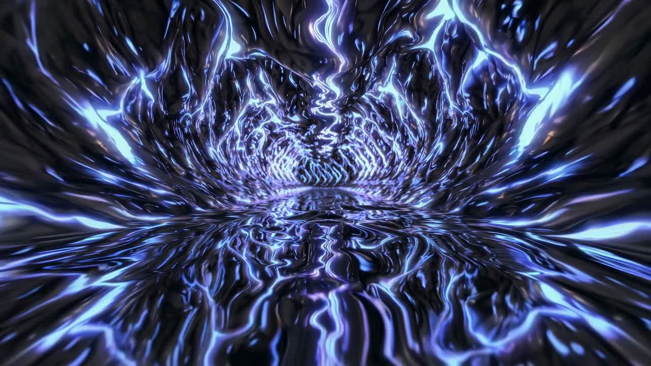 Futuristic abstract tunnel with reflective metallic surfaces and vibrant blue light patterns creating a dynamic visual effect