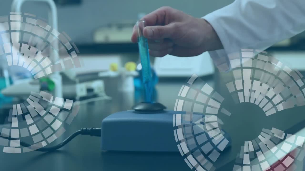 animación de globos sobre científico caucásico con tubo de ensayo