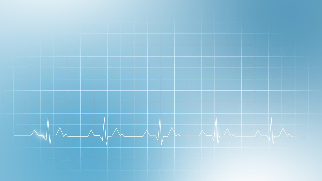 Gradient blue looped medical background with grid and electrocardiogram symbol line. Flat motion graphics.