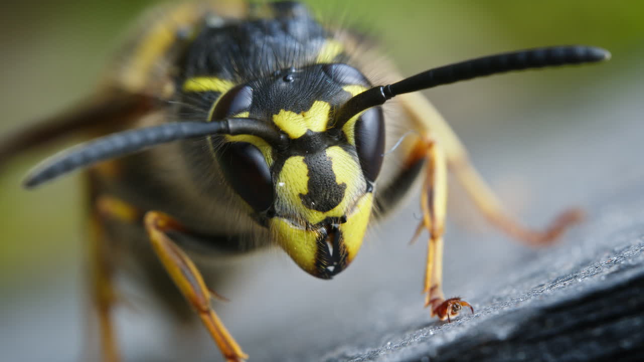 Common European Yellowjacket wasp, Vespula vulgaris, macro closeup.
