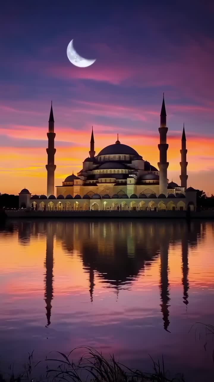 Una moschea serena al tramonto con una luna crescente, ripresa dal basso, perfetta per un'atmosfera tranquilla.