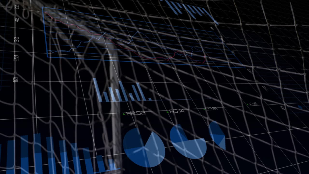 Graph and chart animation over soccer player catching ball in net