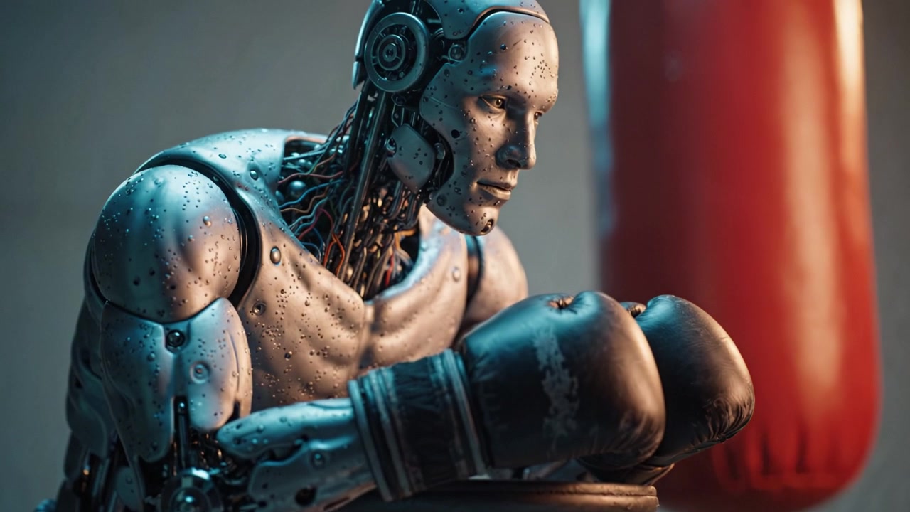 A reflective robotic boxer, poised for training, embodies the intersection of technology and sport as it prepares to unleash its strength in the ring.