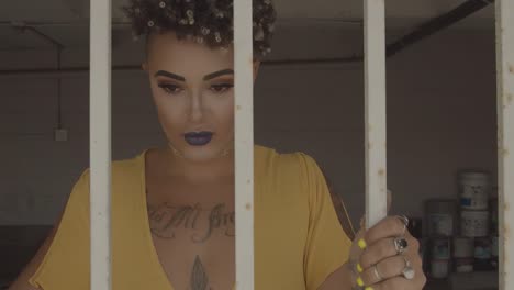 attractive young woman with expressive makeup and tattoos holding bars behind which she is closed