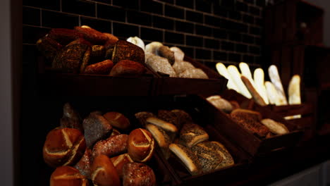 freshly baked bread on display in a bakery