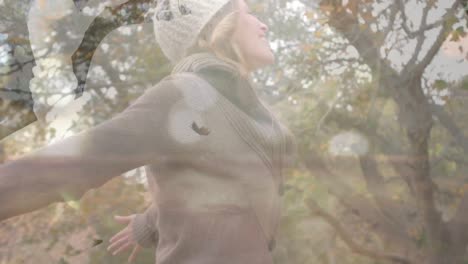 animation of shapes and leaves falling over caucasian woman in park