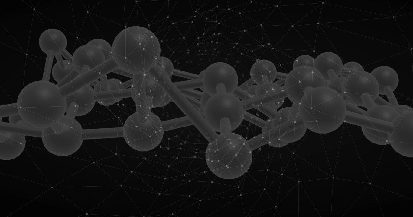 At animation start, molecular structure rotating to reveal deeper connections and glowing network