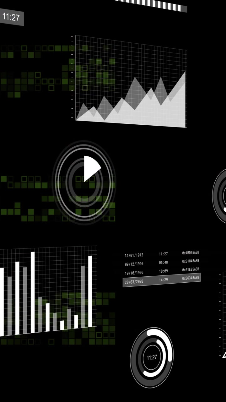Animazione di statistiche ed elaborazione dati su sfondo nero.