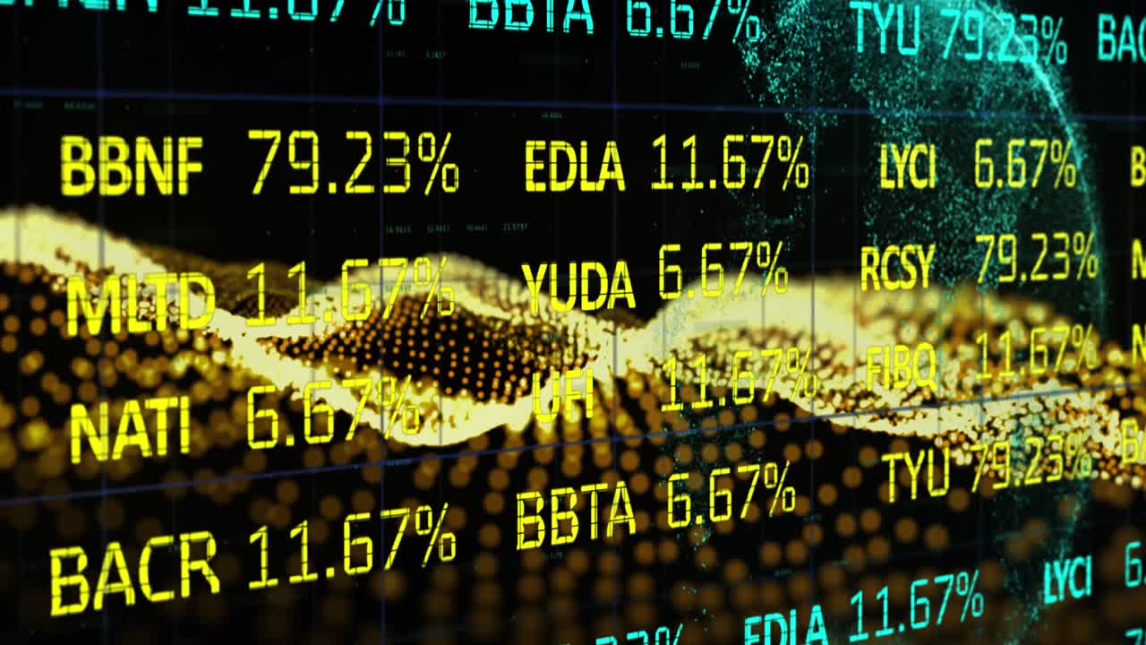 animación del procesamiento de datos sobre una malla ondulada amarilla y un globo sobre un fondo negro
