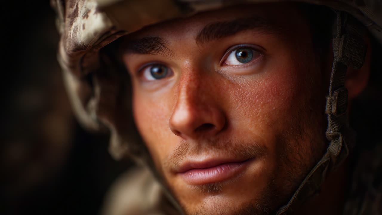 Nærbillede af en målrettet soldat i kampuniform, der fanger styrken og beslutsomheden i hans øjne midt i et udfordrende miljø