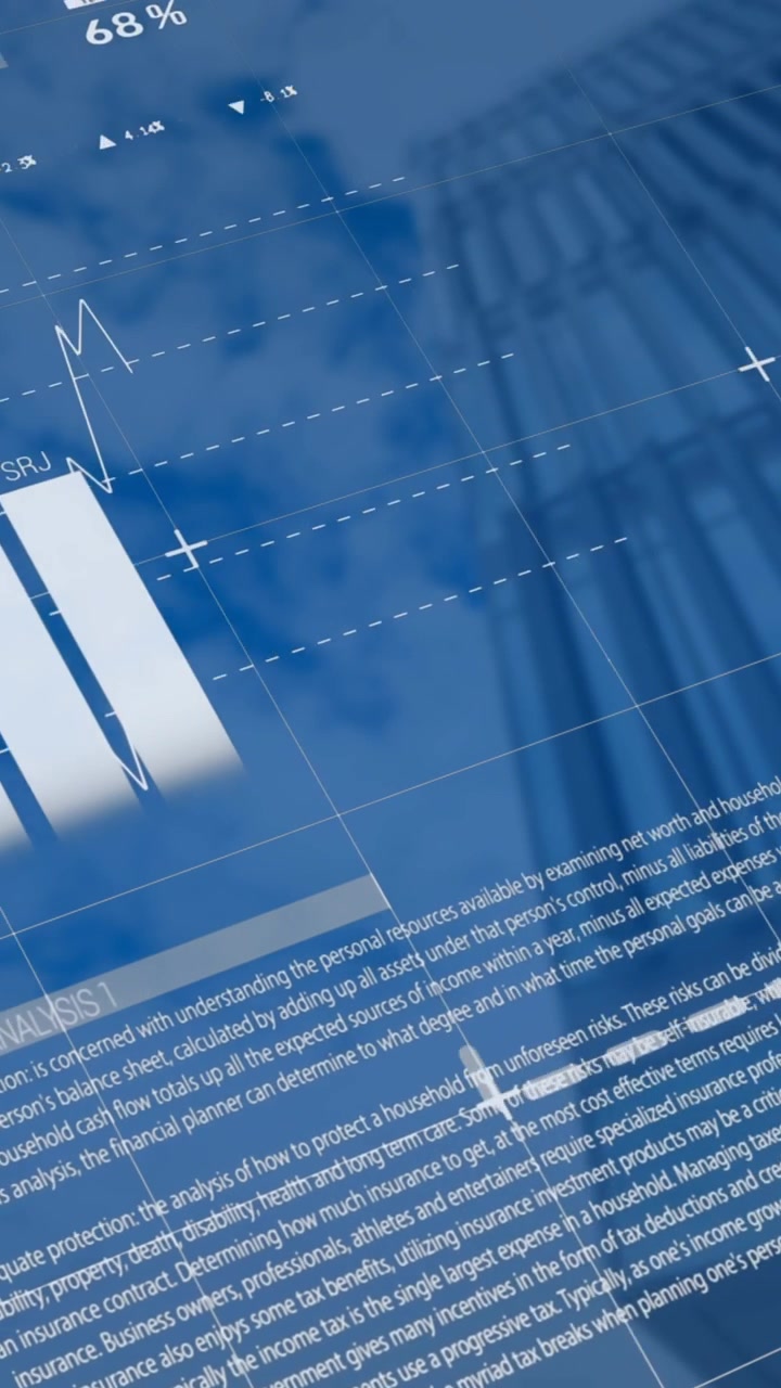 Animation af statistisk databehandling mod et lavvinkelbillede af en høj bygning