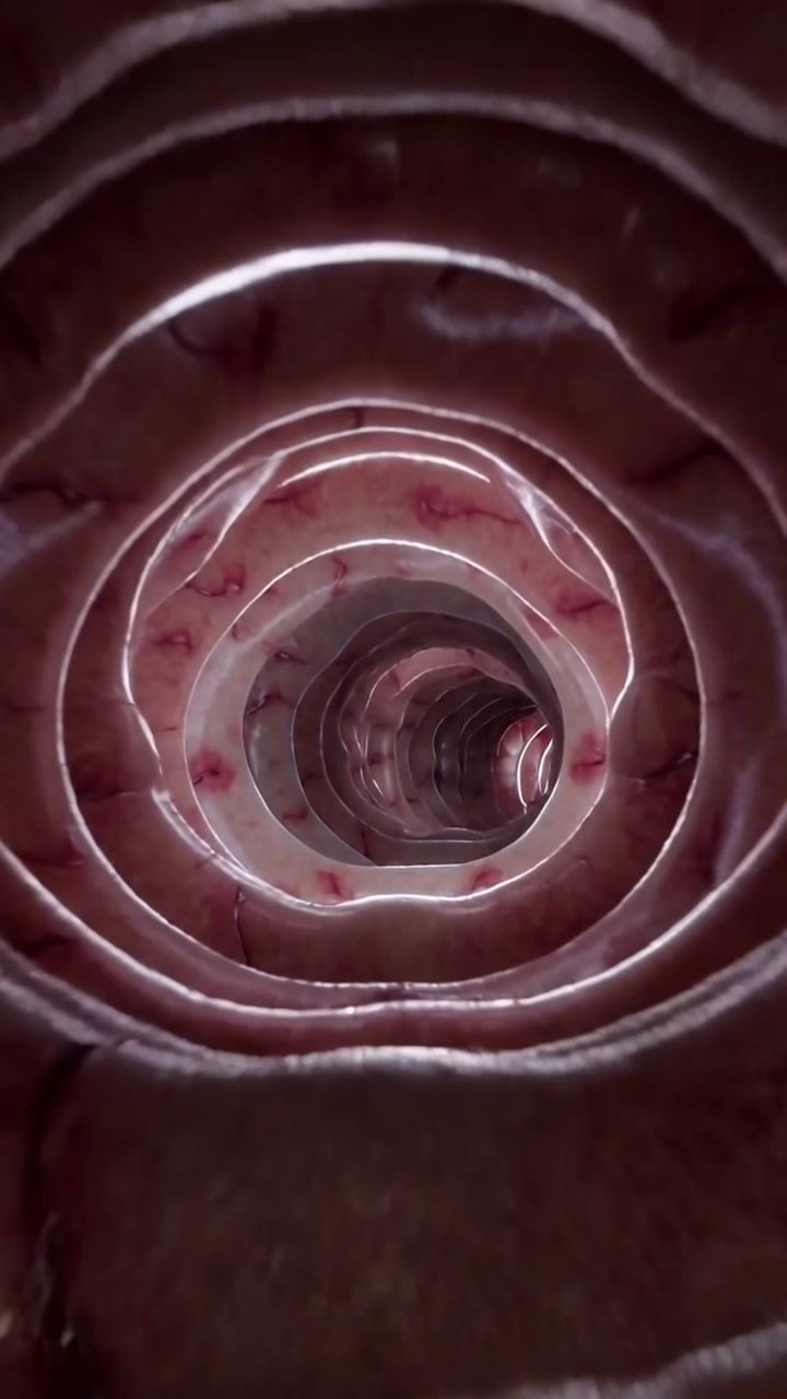Vertical video: Moving camera through concentric ringed tube on play, revealing rims and red spots