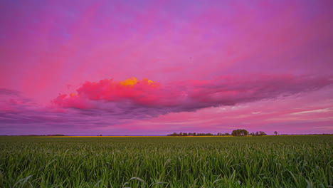 Nubes-De-Colores-Que-Se-Mueven-Rápidamente-Volando-Sobre-Un-Campo-Verde-En-La-Naturaleza